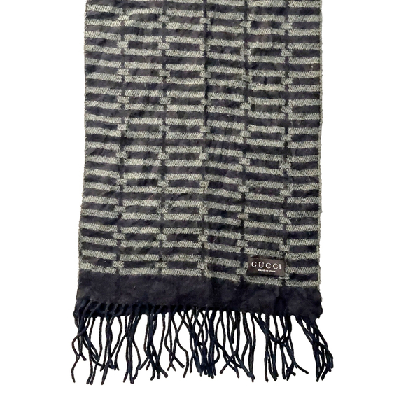 Gucci Black & Gray Embroidered Logo Geometric Weave Wool Scarf Pre-owned - Picture 9 of 16